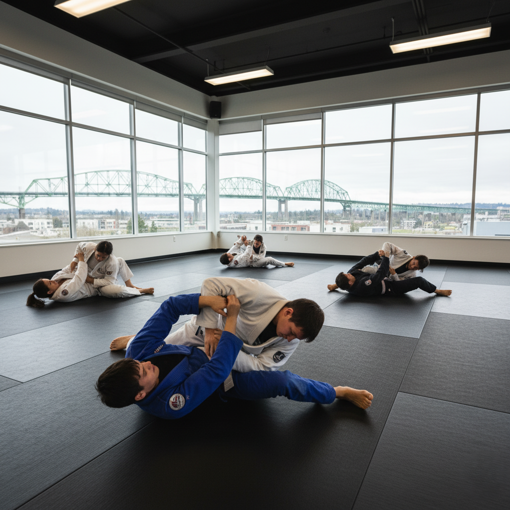 Students Practicing An Armbar Drill In A Portland BJJ Gym