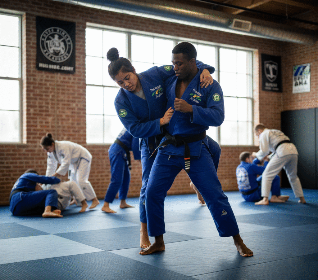 Students training in a Jiu Jitsu class (action shot)