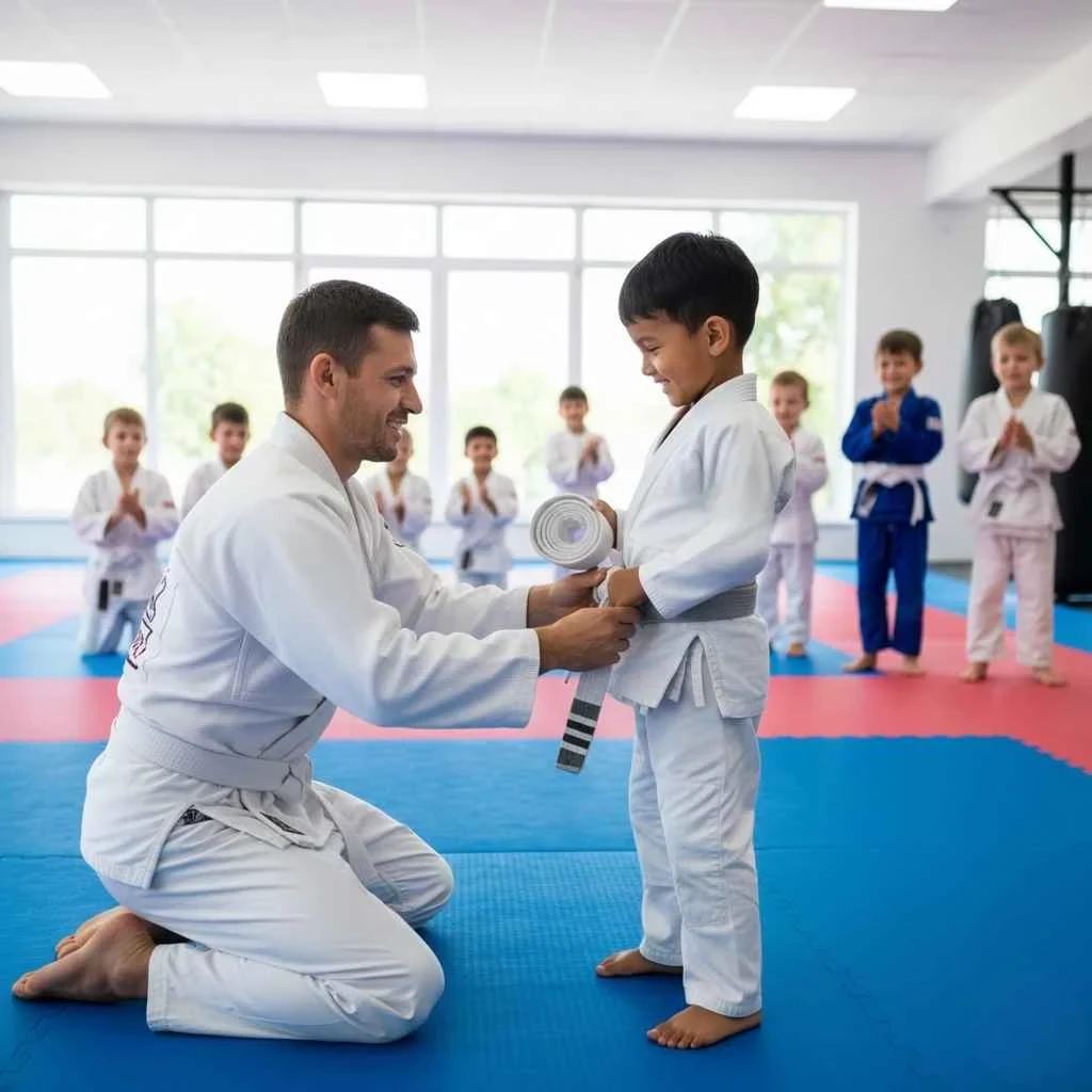 child receiving Jiu Jitsu belt from instructor