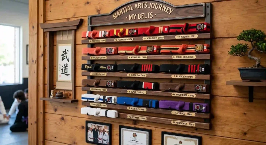 organized martial arts belts displayed on a wall.
