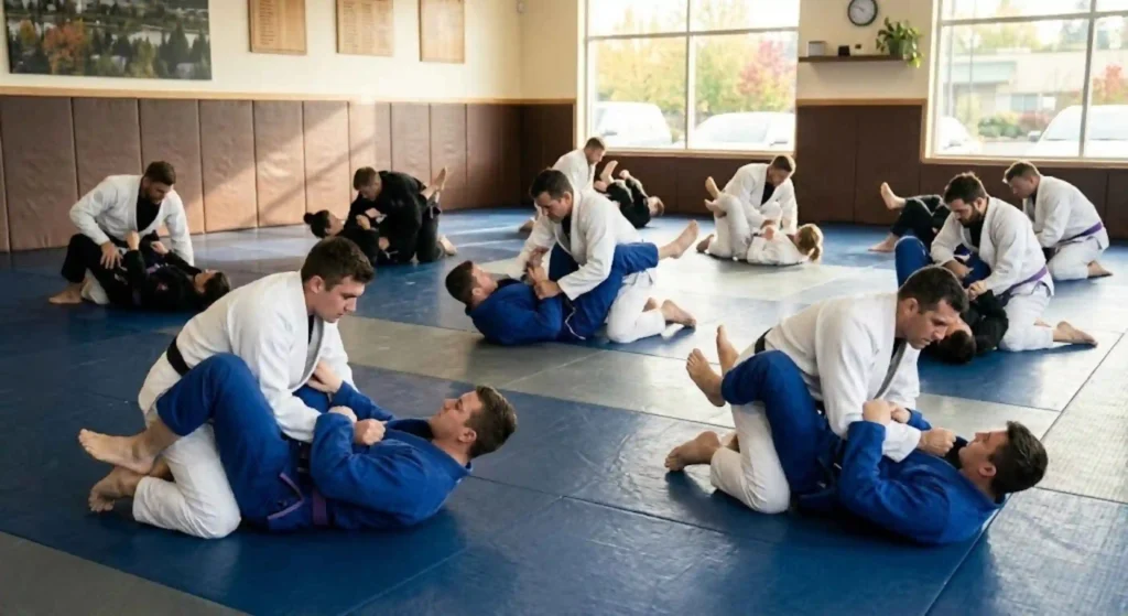Beginner BJJ students practicing guard position in Beaverton academy