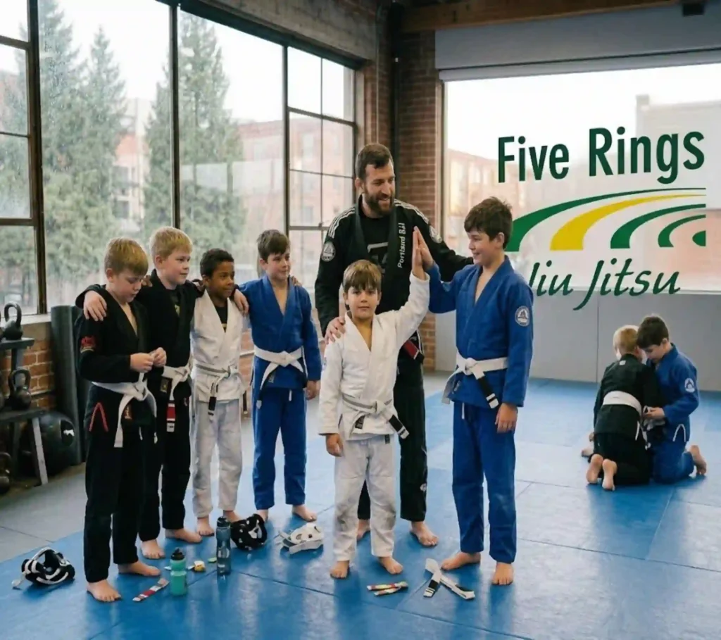 Confident children after jiu jitsu training session showing progress and teamwork