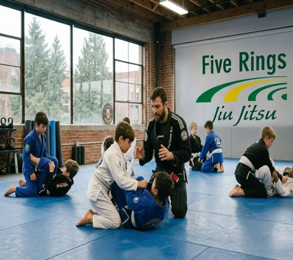 Kids jiu jitsu class training in Portland academy with instructor guidance