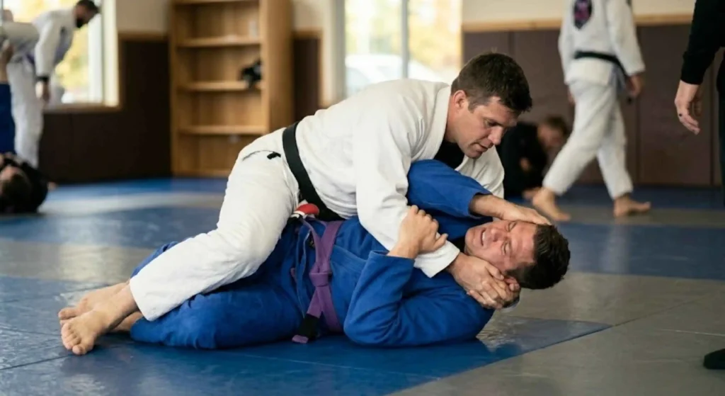 Students drilling escapes and positional control in BJJ class