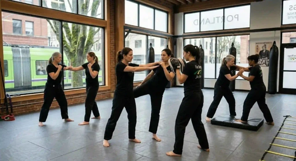female instructor teaching practical self-defense techniques to students in Portland.