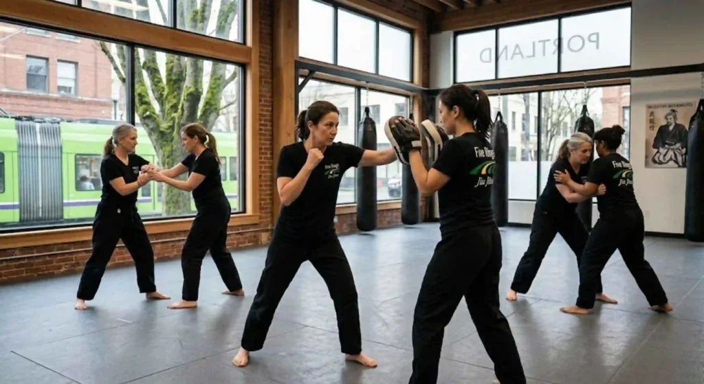 women practicing self-defense drills in a Portland martial arts academy.