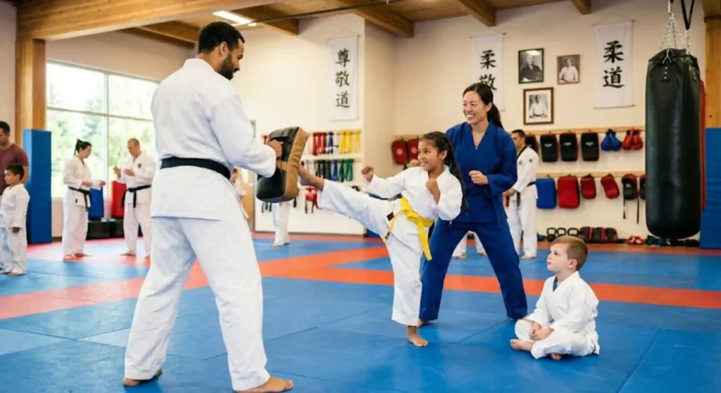 Family practicing martial arts together in Beaverton dojo environment