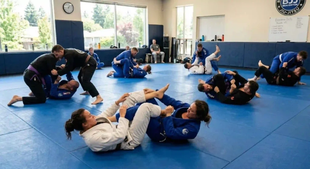 Group BJJ sparring session focused on fitness and endurance training