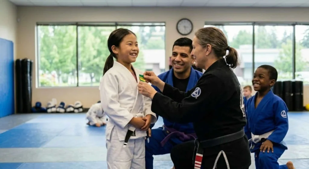 Kids earning progress recognition during Jiu Jitsu class