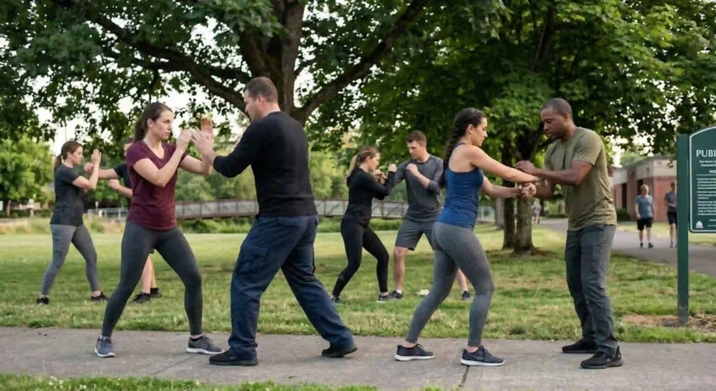 Students practicing controlled escape techniques during self-defense class