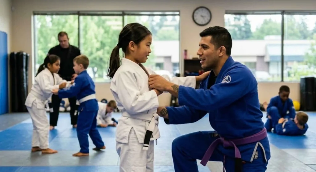 Youth Brazilian Jiu Jitsu instructor guiding students in structured training