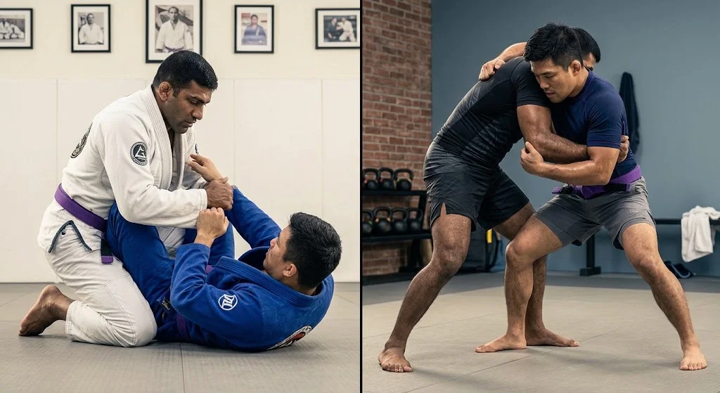 Gi and No-Gi Jiu Jitsu students training grappling techniques