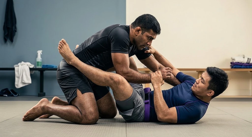 No-Gi grappling students practicing Brazilian Jiu Jitsu techniques