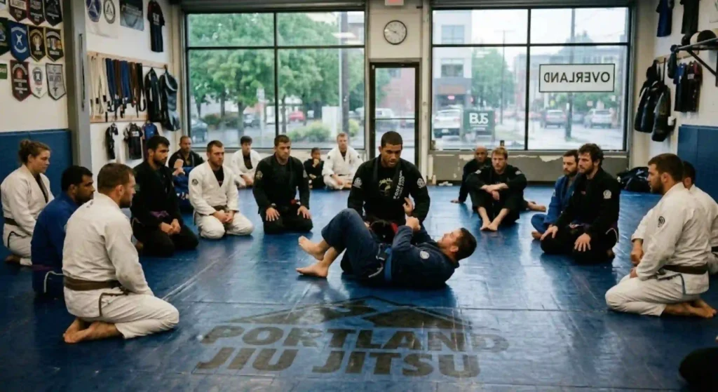Portland Jiu Jitsu instructor demonstrating grappling technique to students