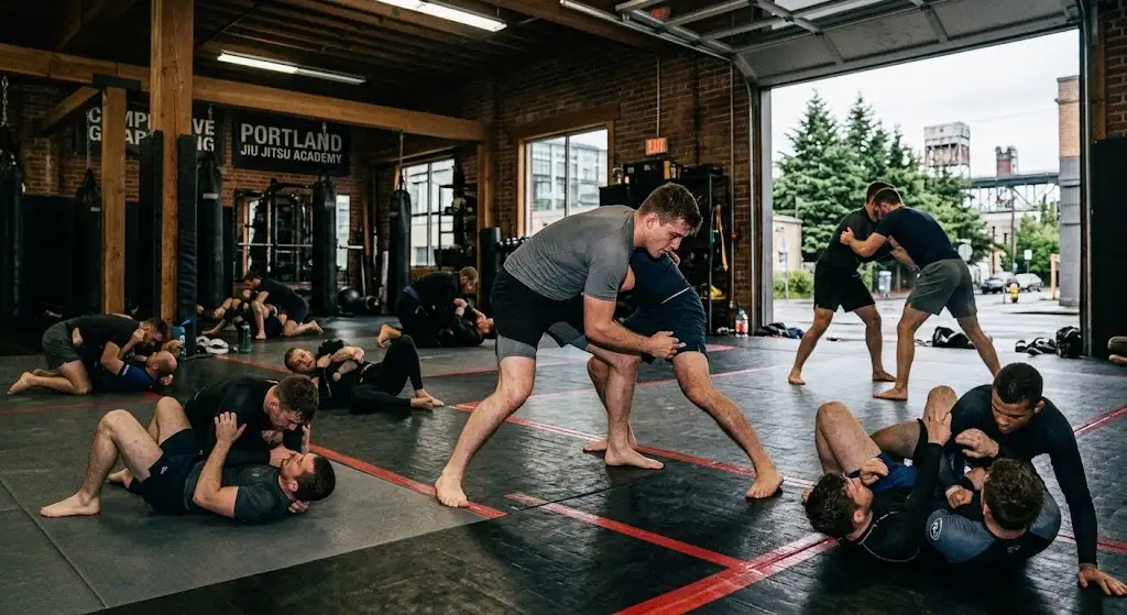 Competitive Grappling training and positional sparring at a Portland Jiu Jitsu academy