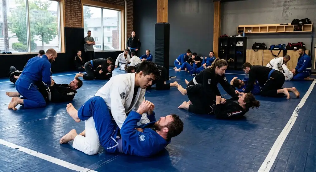 Five Rings Jiu Jitsu students training together at a Portland BJJ academy