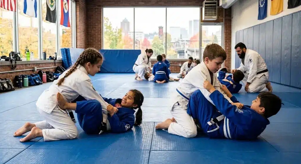 Kids practicing Brazilian Jiu Jitsu techniques at a Portland martial arts academy