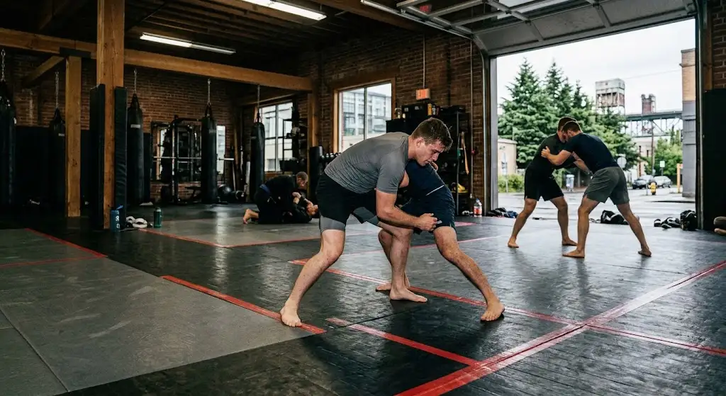 No-Gi Grappling athletes practicing takedown techniques in Portland