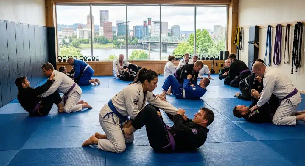 Portland Jiu Jitsu students practicing grappling techniques during training