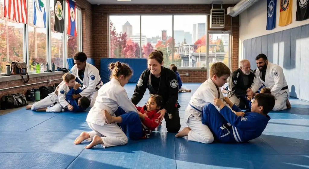 Portland Jiu Jitsu students training together in a supportive martial arts community