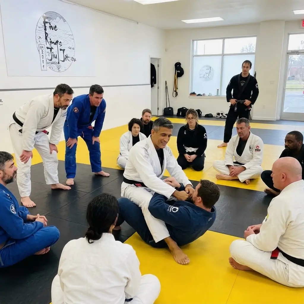 Brazilian Jiu-Jitsu instructor helping students develop skills at a Portland BJJ gym.
