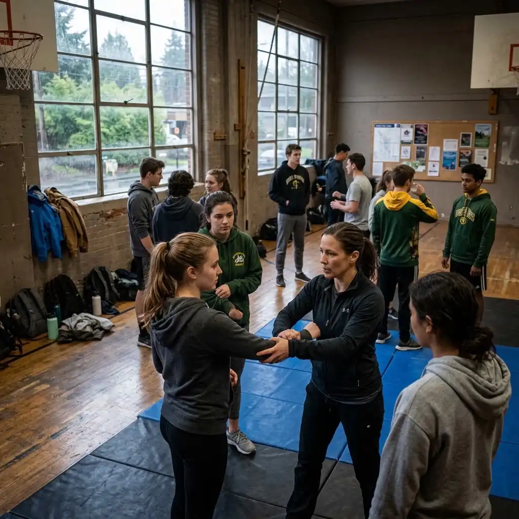 Portland college student learning Brazilian jiu jitsu self defense techniques
